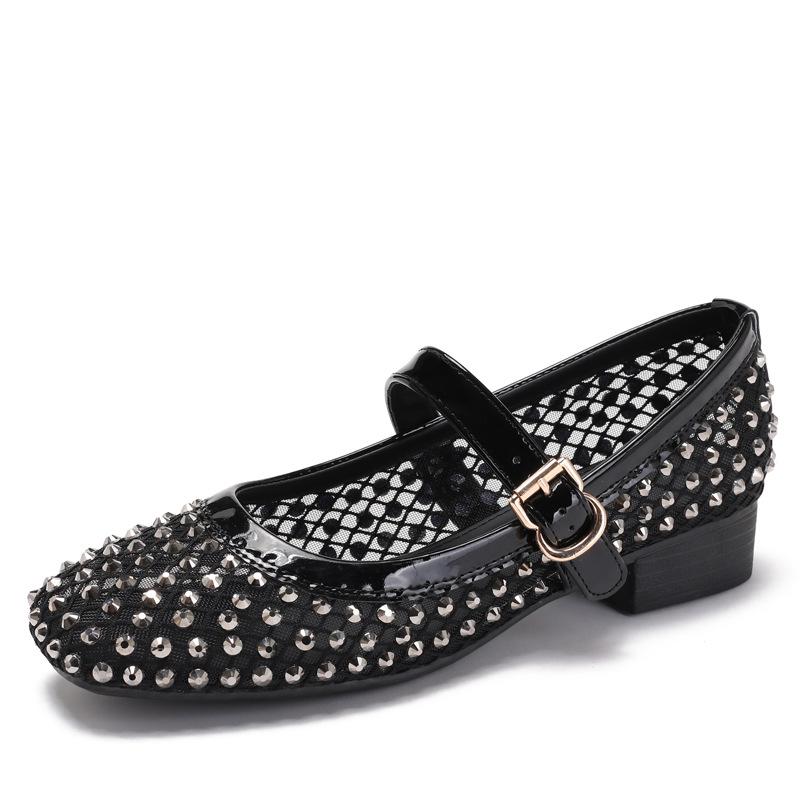 Fashion Crystal Studded Mesh Breathable Shoes Fashion Square Head Shallow Mouth Mary Jane Shoes Elegant Office Ladies Low Heel Pumps