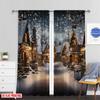 2Pcs 2D flat printingChristmas Village Curtains Christmas Rustic House Winter Snowy Christmas Suitable For Bedroom Living Room