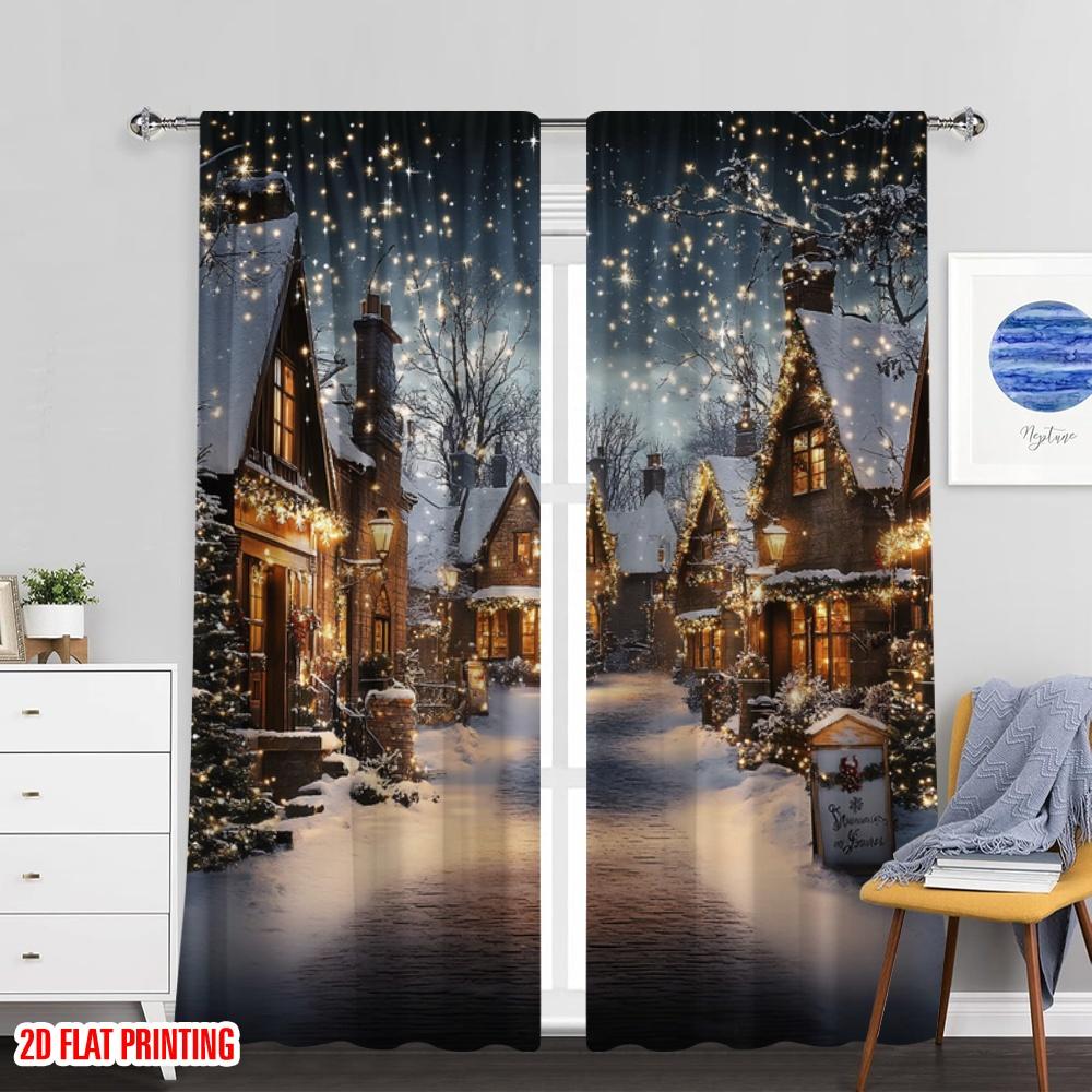 2Pcs 2D flat printingChristmas Village Curtains Christmas Rustic House Winter Snowy Christmas Suitable For Bedroom Living Room