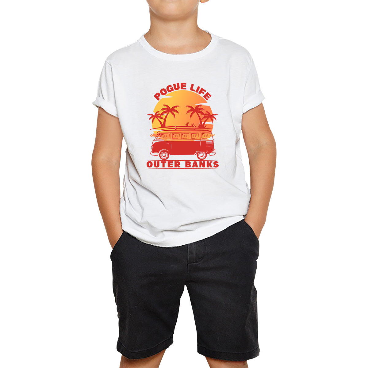 Outer Banks Pogue Life  Beach Surf Van Vintage Retro Beach Sunset Surfing TV Series JJ Maybank OBX Fans Outer Banks Show Kids T Shirt 120