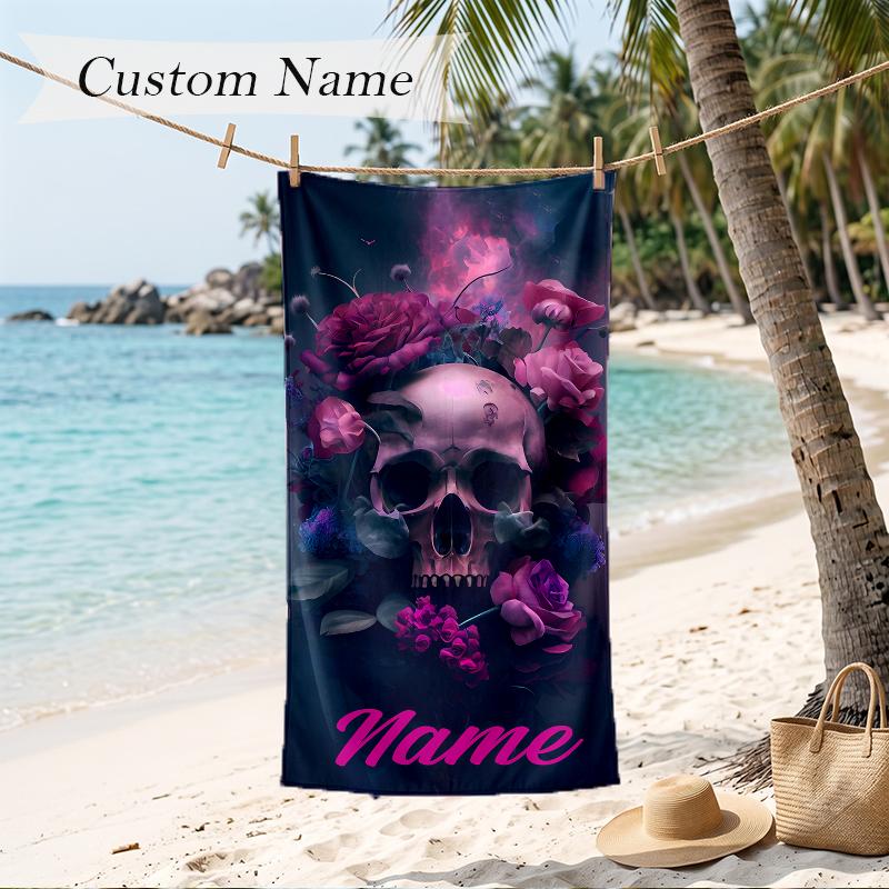 Blumen Schädel Personalisierter Name Aufgedrucktes Strandtuch Weiches Handtuch zum Schwimmen Strand Reisen