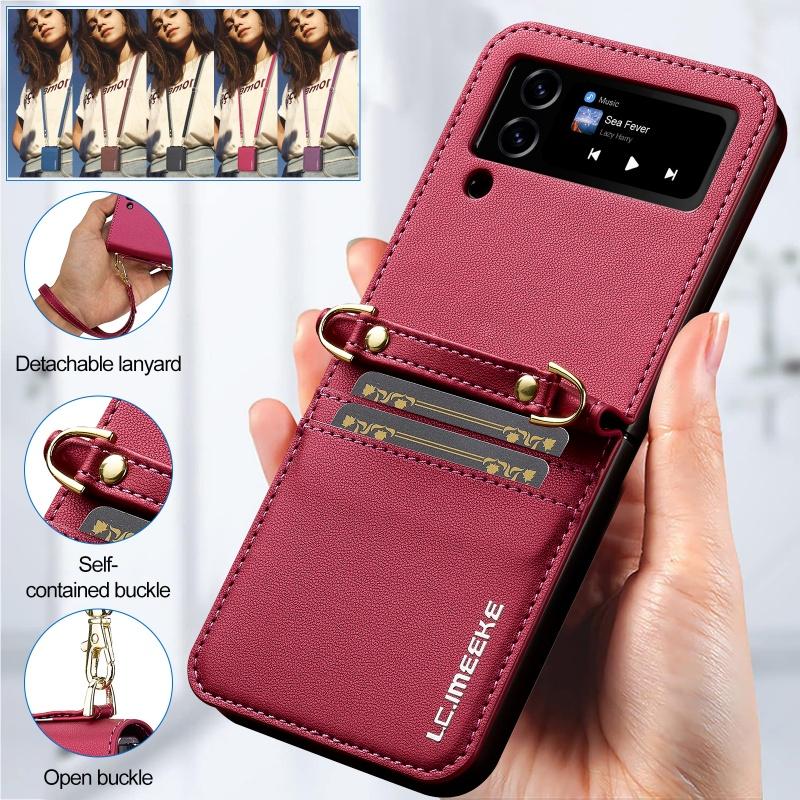 Handyhülle für Samsung Galaxy Z Flip 7 6 5 4 3 Flip6 Flip5 Flip4 Mit langem Lanyard Lederbrieftasche Kartenhülle Crossbody-Tasche Rückentasche