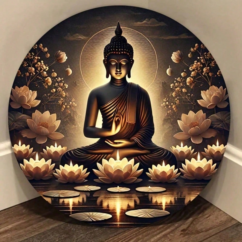 

1pc Glowing Lotus Candlelight Buddha Meditation Round Metal Sign 20x20cm Indoor Outdoor Wall Decor Living Room 20x20 різнокольоровий