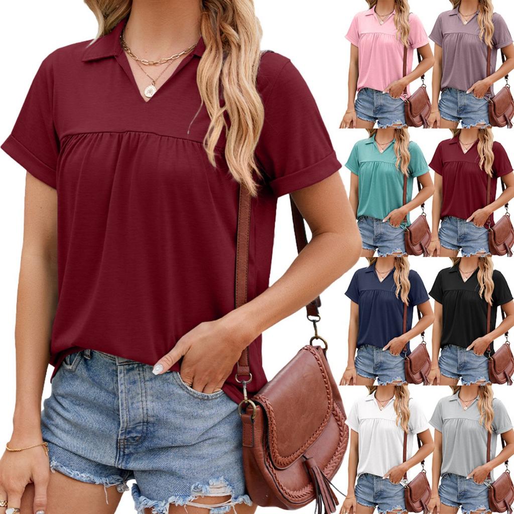 Summer Women's Solid Color Pleated Loose Short-sleeve Polo T-shirt Top, Cross-border European American Casual Apparel In Stock