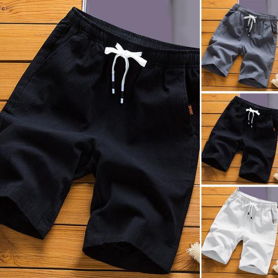 Men Shorts Solid Color Mid Rise Pockets Mid-Waist Quick Dry Drawstring Summer Lace-up Knee Length Pants Streetwear