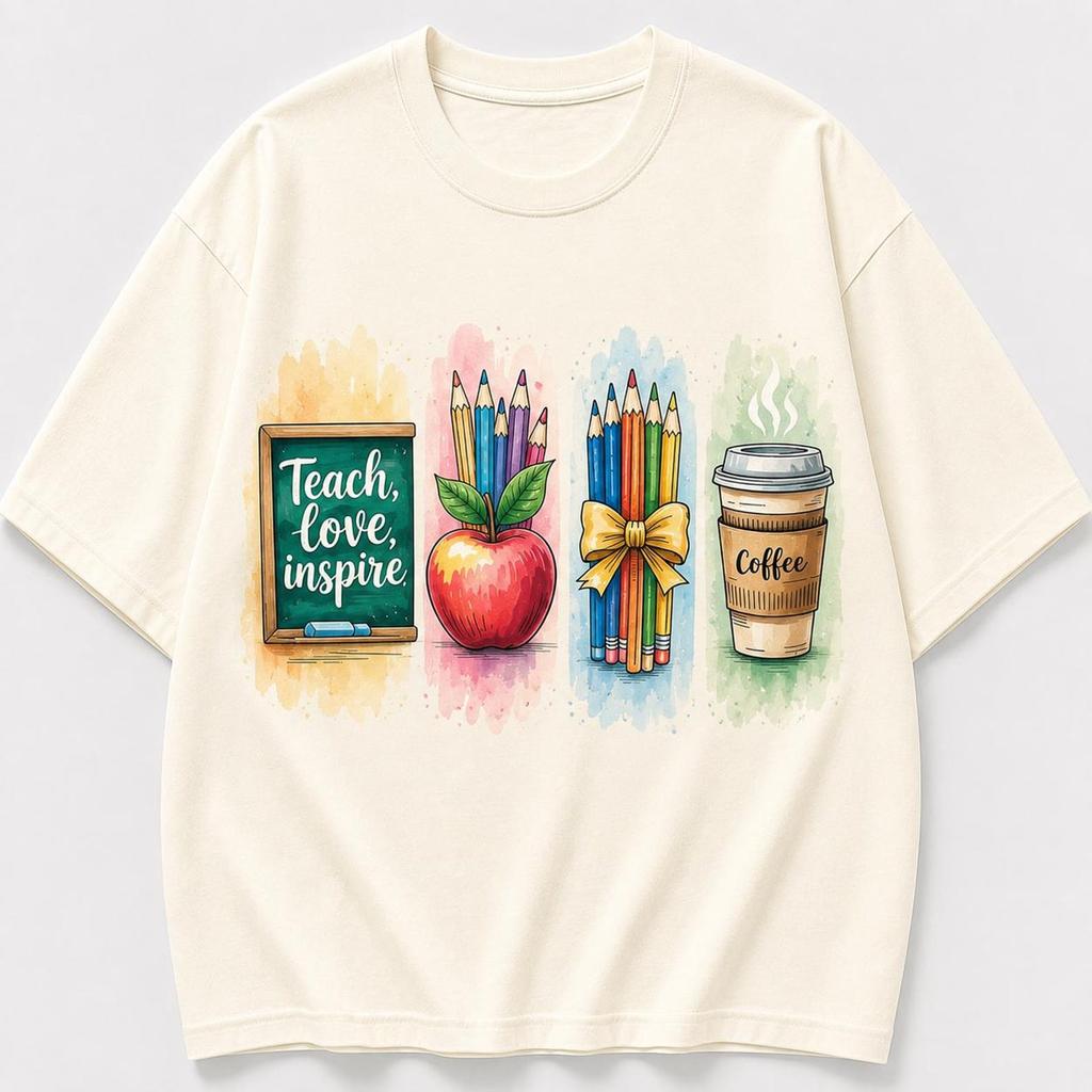Teacher Shirt, Teach Love Inspire Tee, Cute Apple Pencil Shirt, Teacher Coffee Shirt, Elementary Teacher Gift, Classroom Outfit