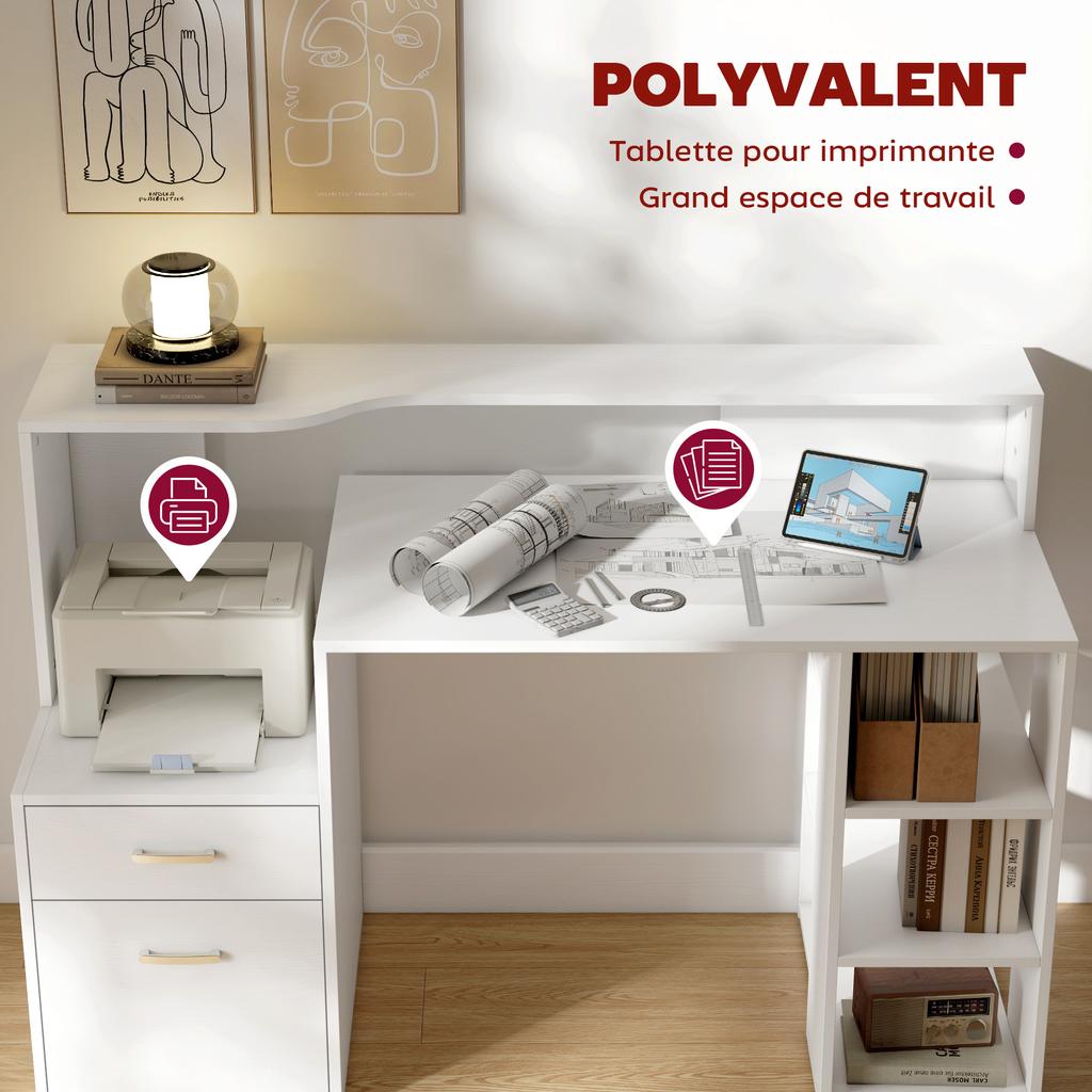 Computer desk, desk with storage, 2 drawers, open shelves and printer shelf, 137x55x92cm, white