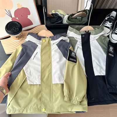 Frühlings- und Herbst-Colorblocking-Jungenjacke mit Kapuze Windbreaker-Mantel Kinderkleidung Kinder Freizeit Reißverschluss Oberbekleidung Top