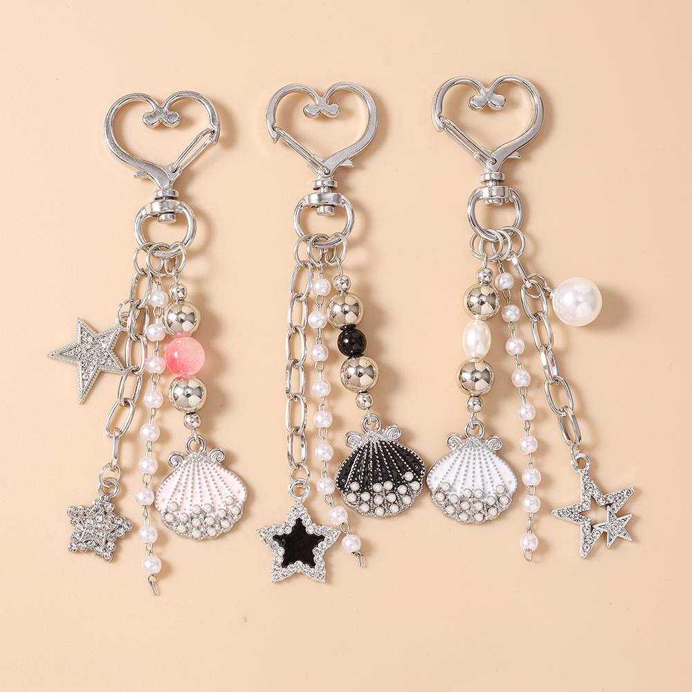 Pretty Crystal Star Shell Star Keychain Pearl Beads Key Ring Pendant for Women Girls Handbag Decor DIY Key Chain Jewelry Gifts