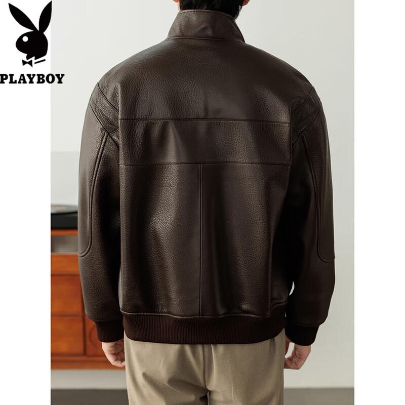 PLAYBOY Men's Genuine Sheepskin Leather Stand Collar Casual Jacket