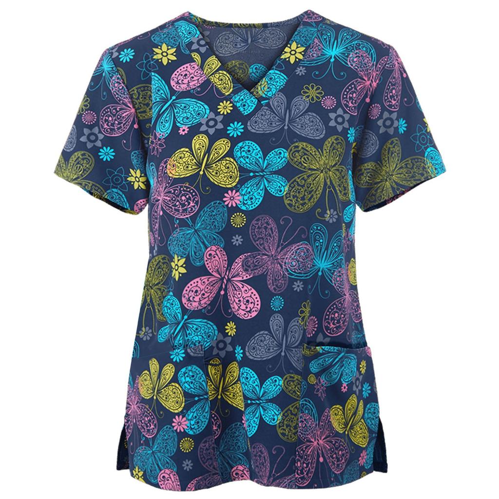 Women Printed Short Sleeve Nurse Scrub Top V Neck Medical Uniform Shirt with Pockets Comfortable Fit Workwear for Healthcare Professionals
