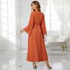 Women's Clothing Orange Round Neck Rhinestone Slim Robe Muslim Dress with Belt