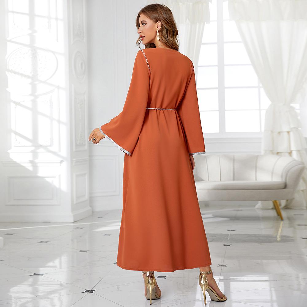 Women's Clothing Orange Round Neck Rhinestone Slim Robe Muslim Dress with Belt