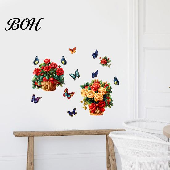 Party Decoration Floral Wall Stickers Rose Flowers with Butterflies, PVC Waterproof Decals, Removable Peel And Stick Art Decor, Murals for Home Living
