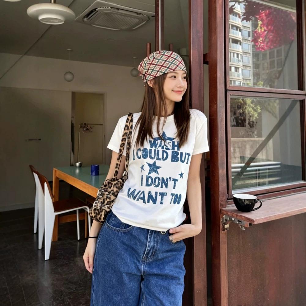 Women'S Black Vintage Letter Graphic Print Short Sleeve T Shirt Top Loose Fit Casual Streetwear Sweet & Cool Style
