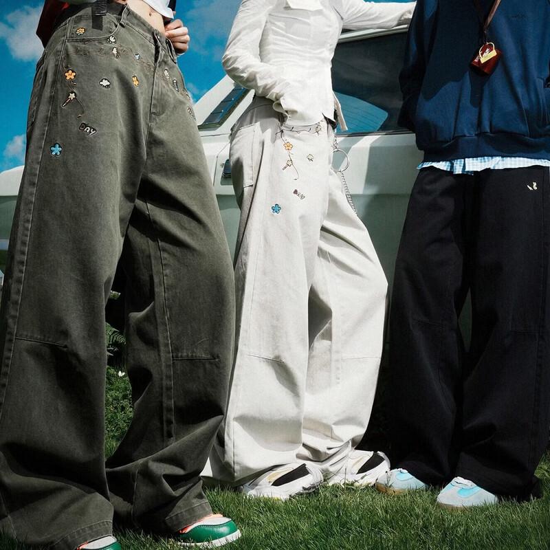 LEMANISM Embroidered Loose Straight-Leg Casual Pants 2XL