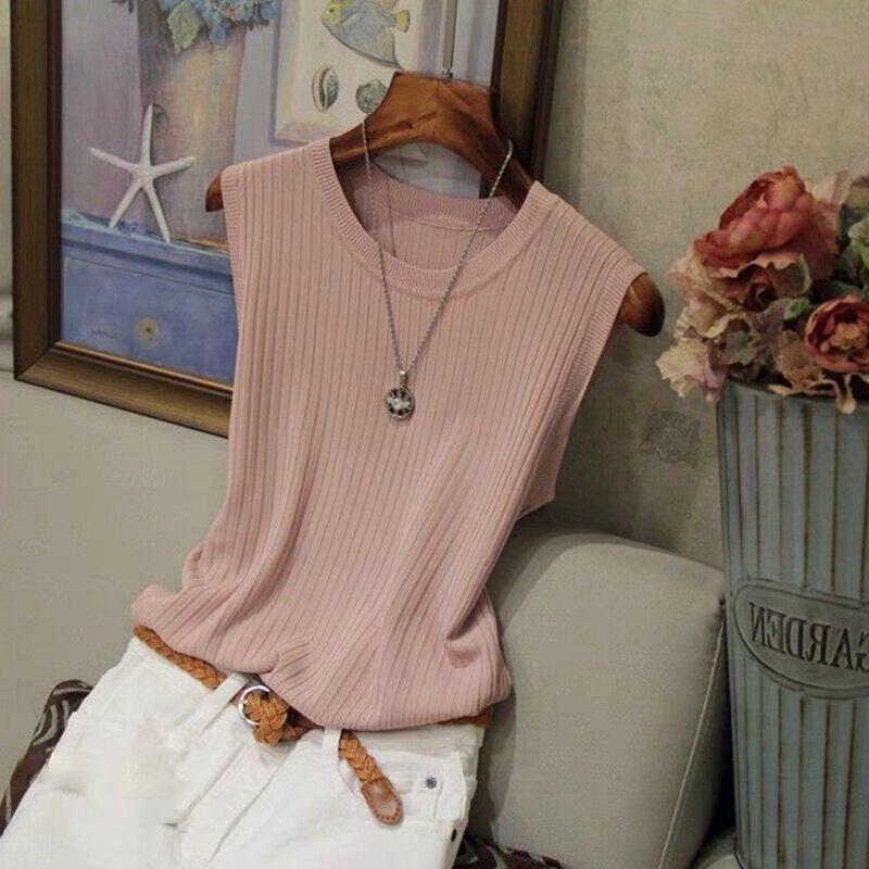 High-end knitted sweater sleeveless T-shirt women's summer slim-fitting and thin celebrity temperament versatile top trend