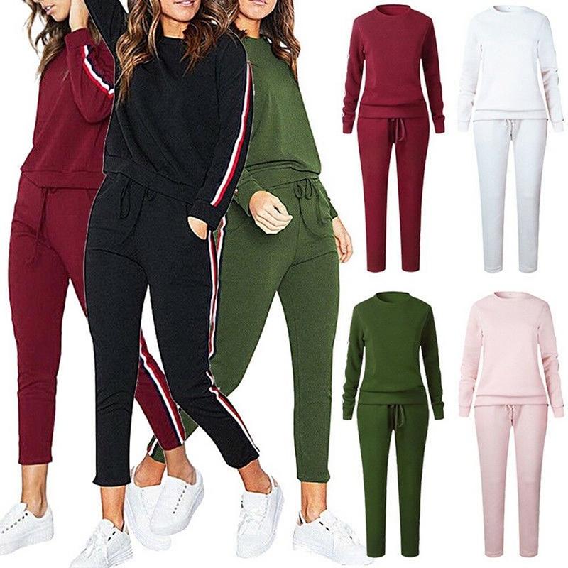 Women's 2 Pcs/set Tracksuits Comfy Striped Loungewear With O-neck And Drawstring