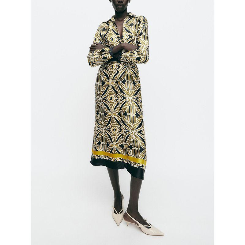 Za2025 Spring New Women's Clothing Elegant with Belt Printed V-neck Long Sleeves Midi Skirt Dress 3897055