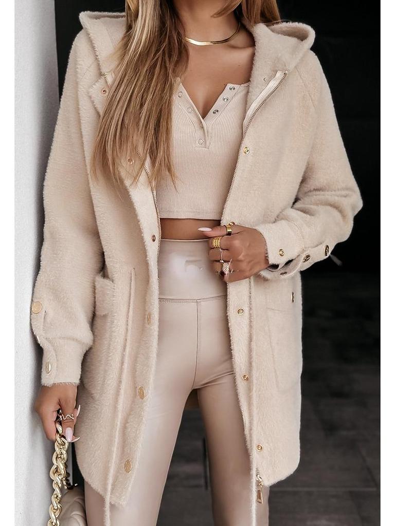 2024 Urban Fashion Hooded Woolen Coat with Drawstring Waist & Metal Buckle Zipper
