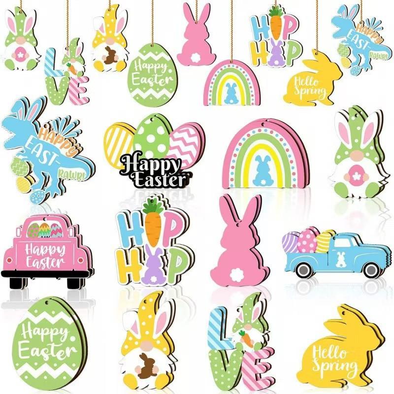 Easter Wooden Ornaments Fashion Happy Bunny Easter Eggs Dwarf Bunny Wooden Pendant