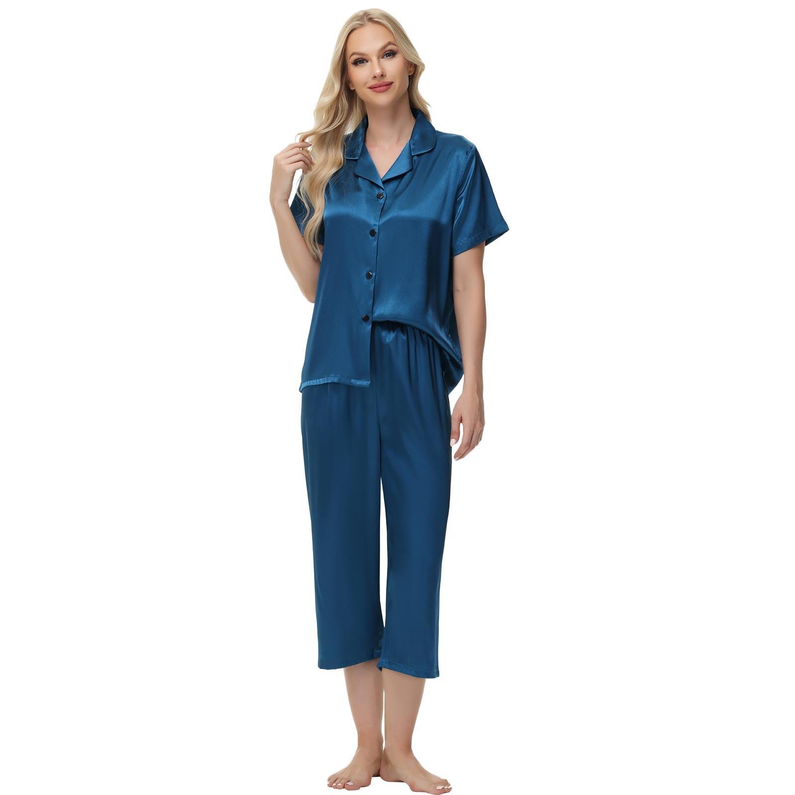 

Костюм из атласа Ice Silk с коротким рукавом, укороченные брюки, женская домашняя одежда XXL