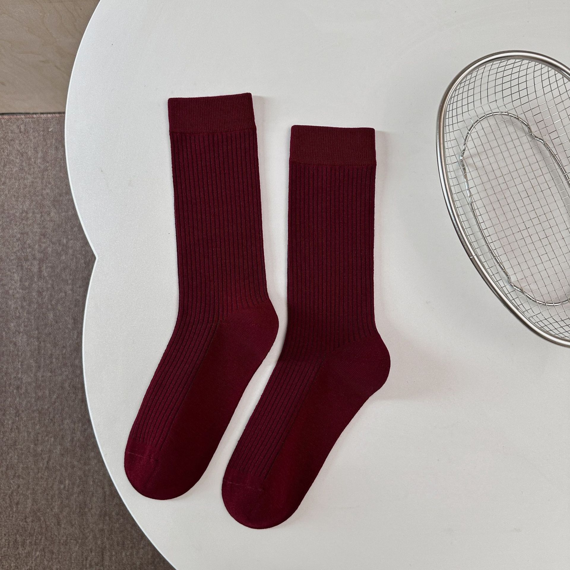 

Ballet Socks for Girls Casual Korean Fashion Burgundy Combed Cotton Crew Calf Sock Ribbed Striped Loose Pile Sock for School One Size красный