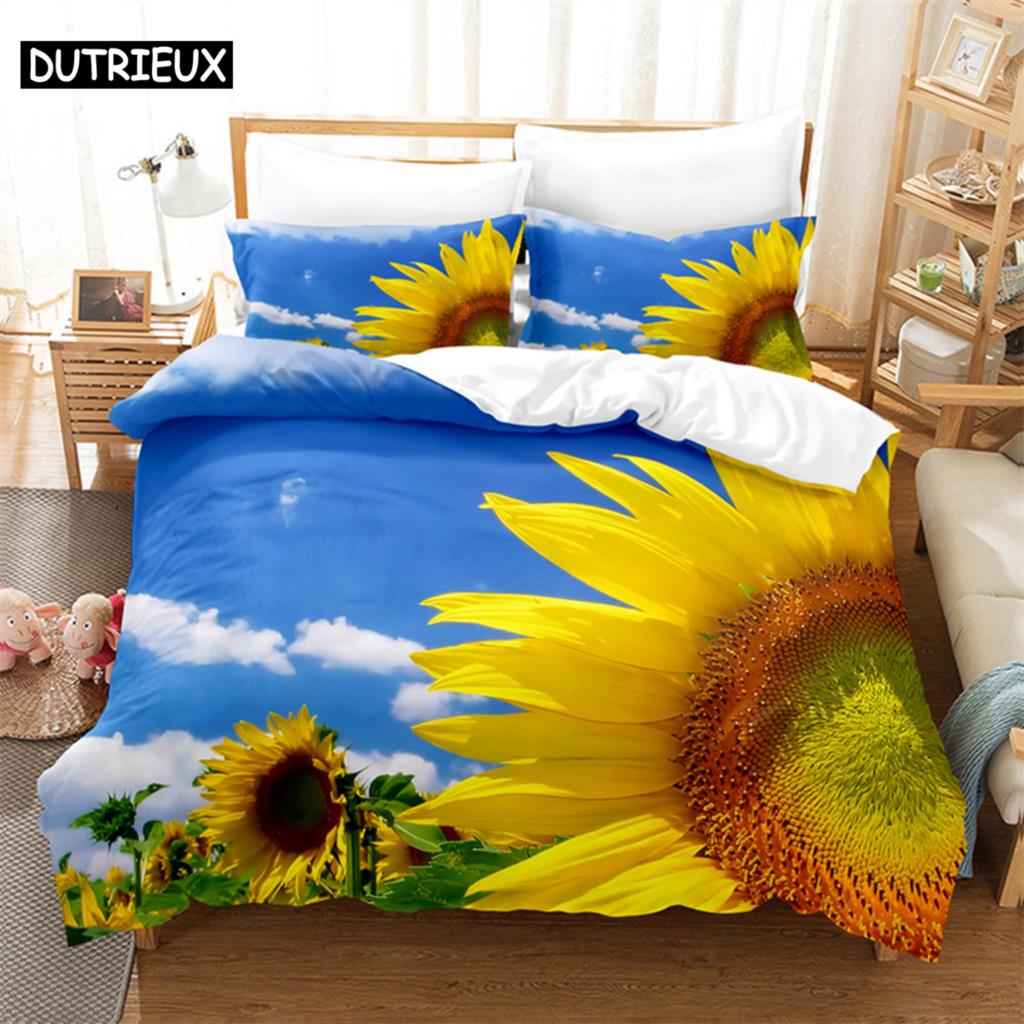 Floral Quilt Cover Queen Size Sunflower Duvet Cover 3D Bedding Set 3Pcs 2Pcs With Pillowcase King Full Twin Single Double Beds