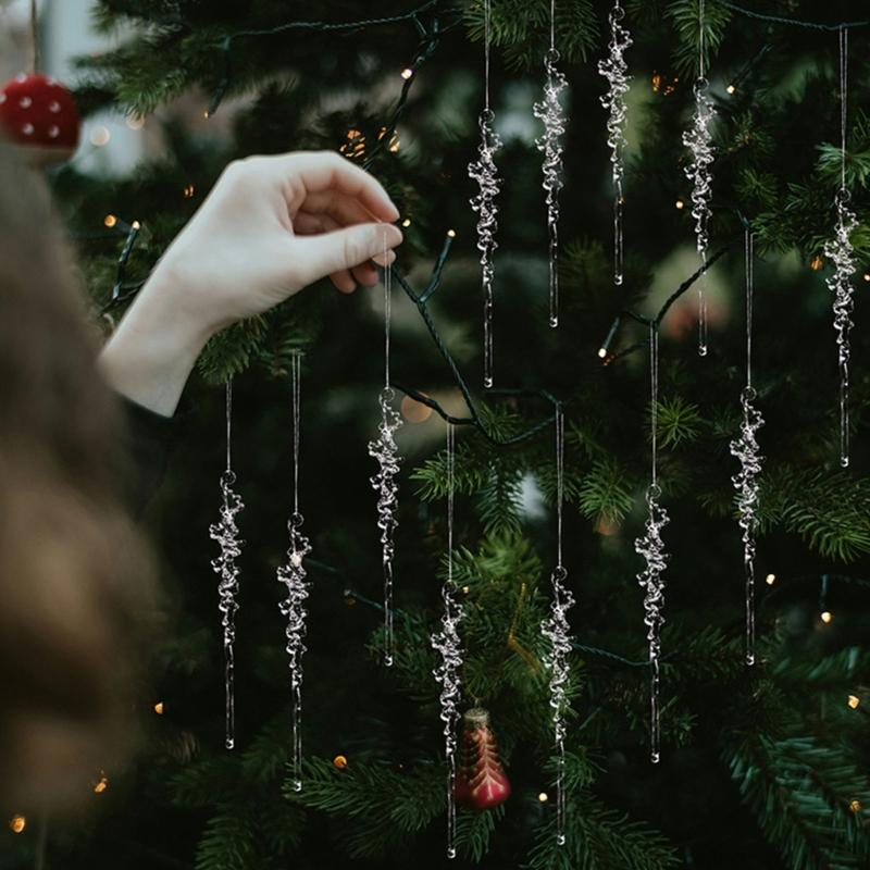 12Pcs Clear Acrylic Icicle Shape Pendant Christmas Tree Hanging Decorations For Holiday Tree and Store Window Display
