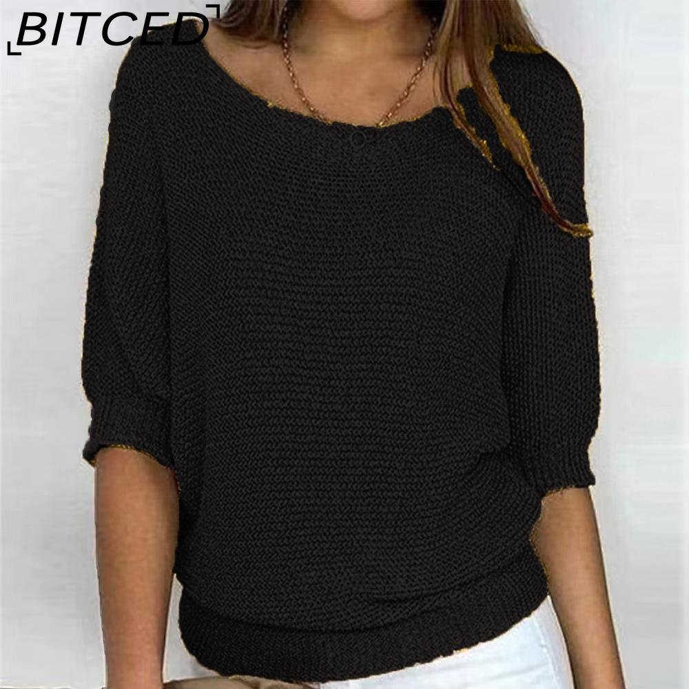 BITCED Βαμβακερό Πλεκτό Τοπ Μονόχρωμο με Στρογγυλή Λαιμόκοψη για Γυναίκες Κομψή Μπλούζα με 3/4 Μανίκια για το Γραφείο και Χώρους με Κλιματισμό