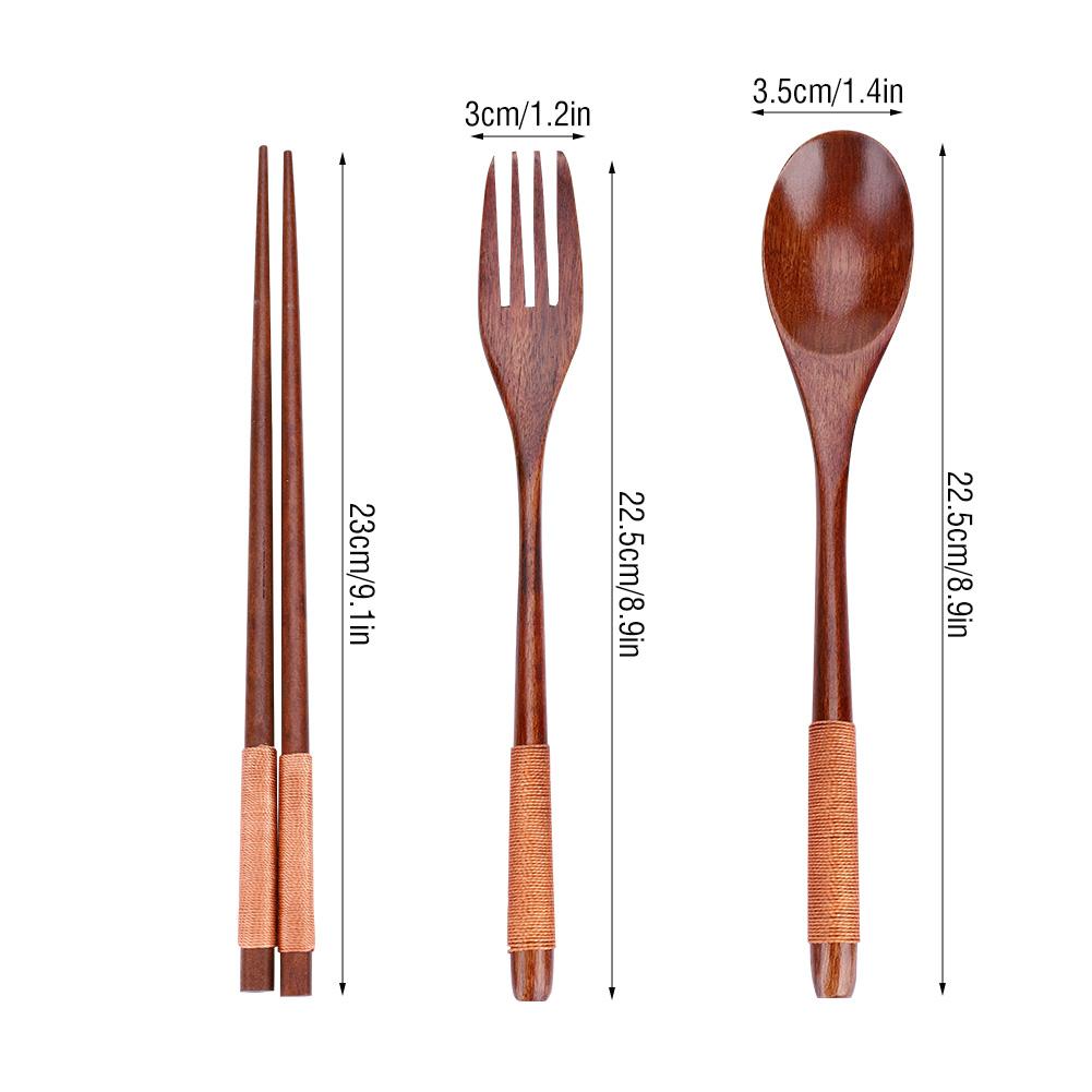 Wooden Chopsticks Spoon Fork Tableware Dinnerware 3pcs Set (with black thread)