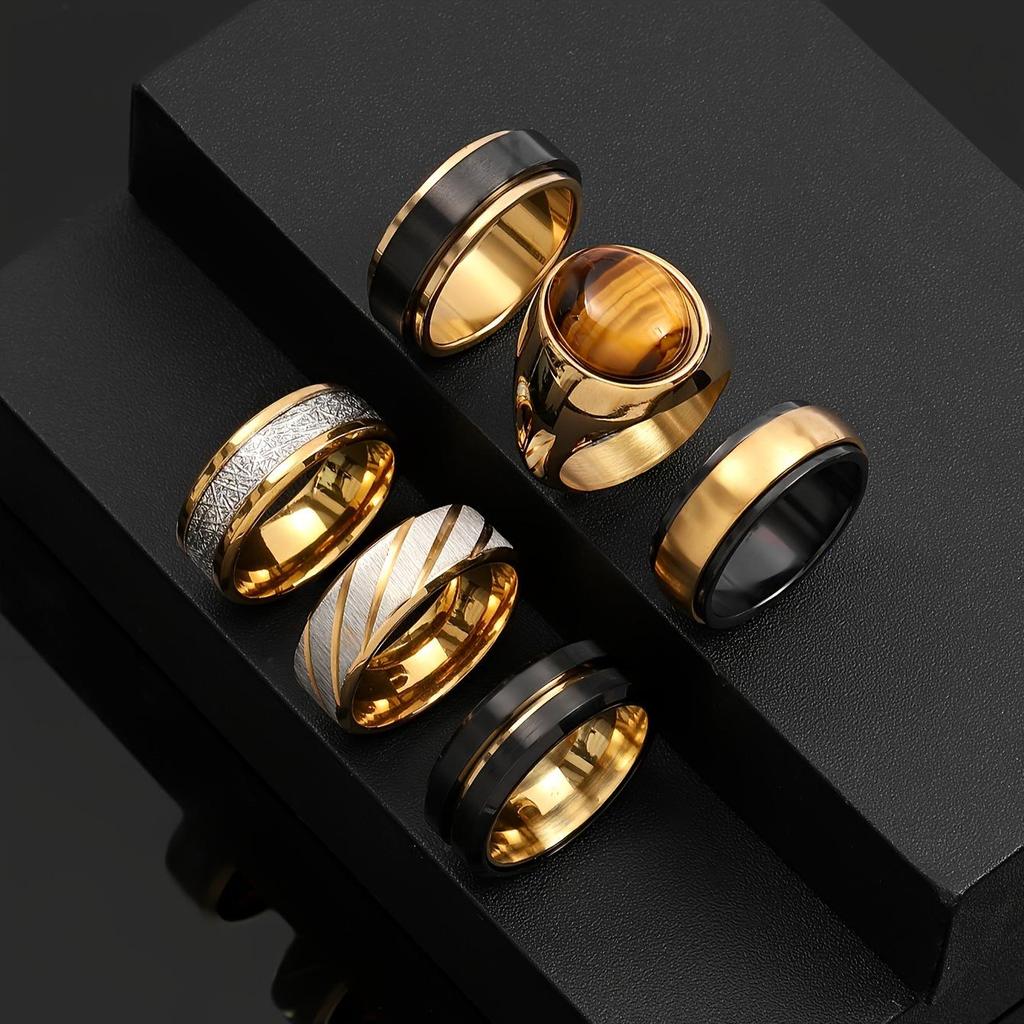 Modisches Herren-Titanstahl-Ringset mit Holzmaserung: Schwarz, Gold und mattierter Edelstahl, nicht verblassend.
