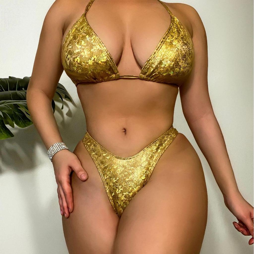 European & American Halter Neck Gold Foil Sexy Bikini - Solid Color, Back Tie (DY2420)