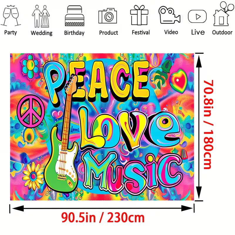 Retro Hippie Peace Sign & Guitar Tapestry, Vibrant Psychedelic Wall Art for Home & Party