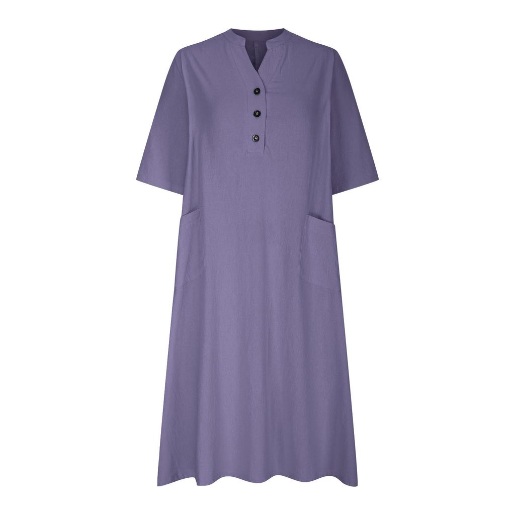 V Neck 3/4 Sleeve Linen Cotton Midi Dress 3 Front Buttons Loose A Line Dress With Dual Side Pockets Breathable Casual Spring Oversized Flowy Sundress