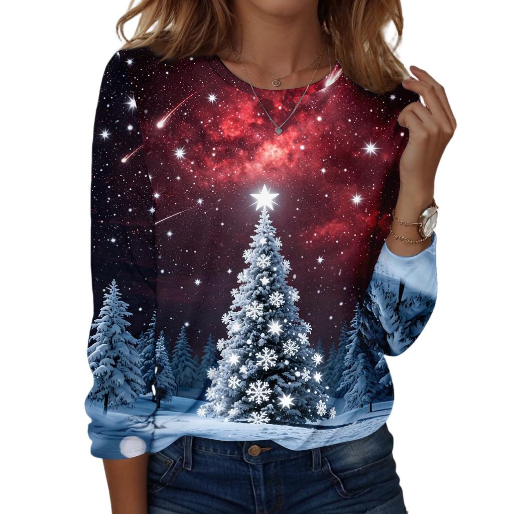 Damenmode Weihnachten Print Hals Langarm Pullover Top für Feiertagskleidung