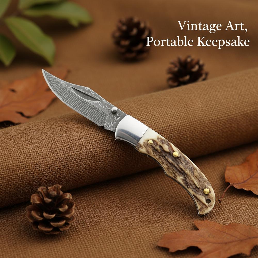 Key Ring Pocket Folding Knife Damascus Steel Blade Customized Wooden/Antler Horn Handle Ideal Camping Hiking Daily Use