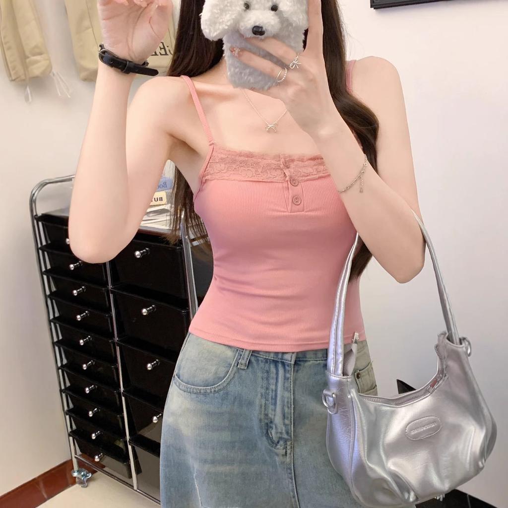 #Summer New Versatile Slim Lace Button Design Integrated with Chest Pad Comfortable Solid Color Thin