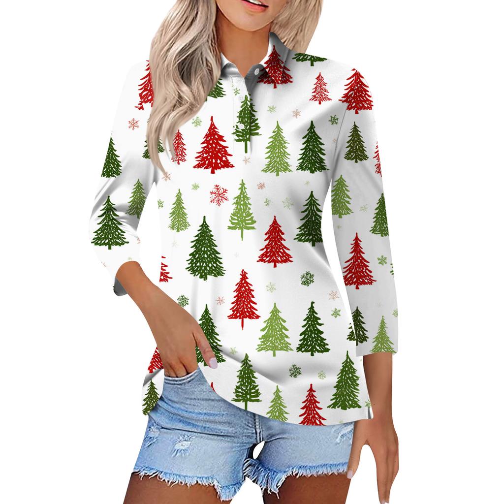 Women's Fashion Casual Button 3/4 Sleeve Vintage  Print Lapel Top