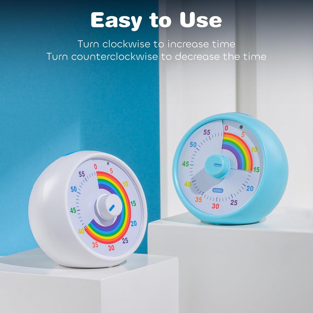 60-Minute Visual Timer for Kids, Countdown Timer for Classroom & Kitchen, Desk Timer for Study, Rainbow Print Kids Time Manager Tool (Blue)