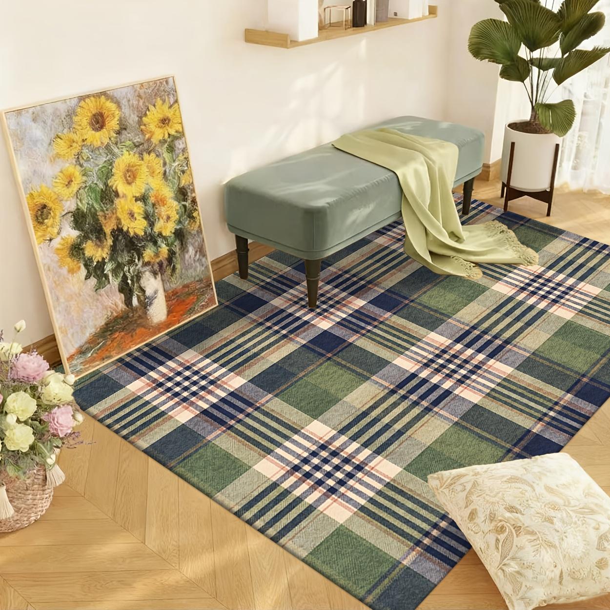 Vintage Plaid Checkered Rug Colorful Woven