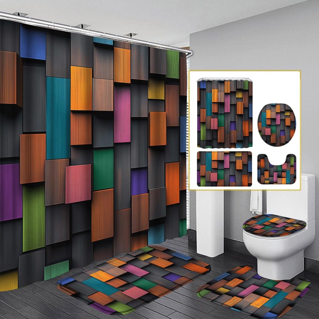4Pcs Colorful Wood Grain Shower Curtain Set with Non-Slip Bath Mat, Toilet Lid Cover, Contour Rug & 12 Hooks, Bathroom Decor