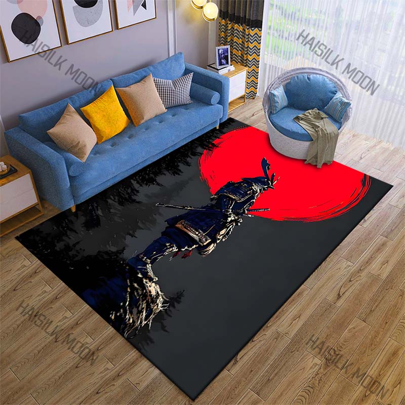 Samurai with Red Moon Print Carpet Rug for Living Room Bedroom Sofa Doormat Home Decor Non-slip Floor Mat