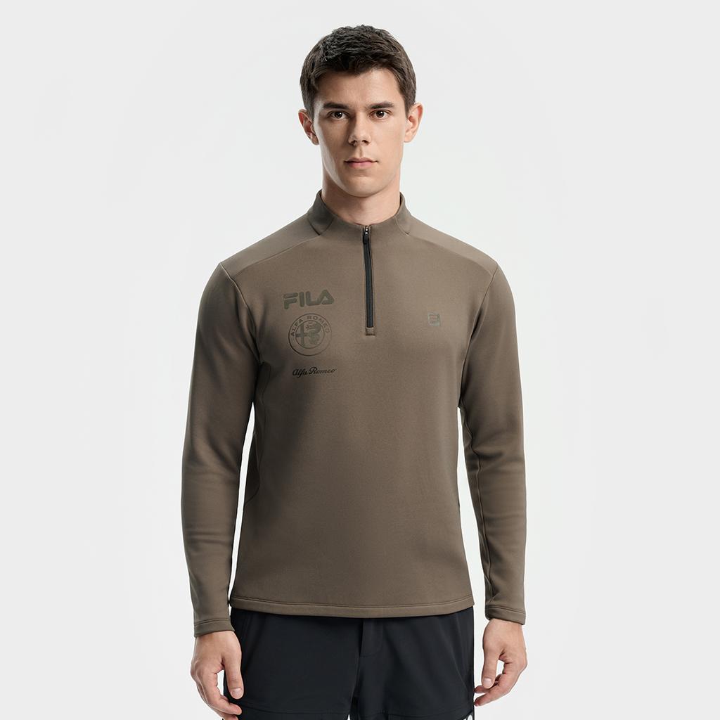 FILA Ski Series Fashionable Casual Sports Comfortable Fleece Warm Knitted Long Sleeve T-Shirt Men Tops Dark-Brown Gray A11M546204FBG