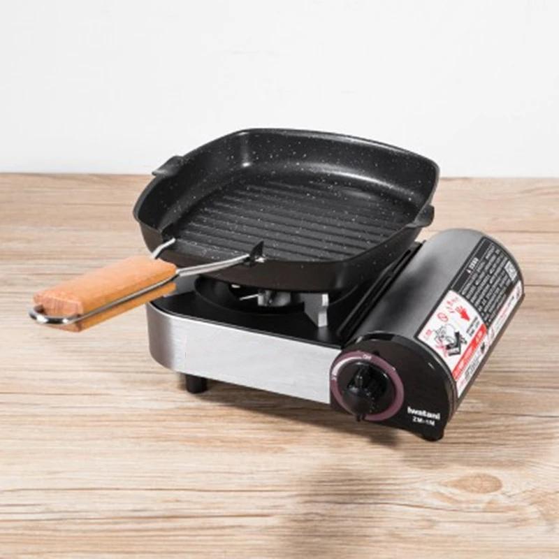Faltbare Tragbare Bratpfanne Picknick Grillpfanne Hitzebeständiger Holzgriff Outdoor Grillpfanne Doppelmund Steakpfanne(Kein Deckel)