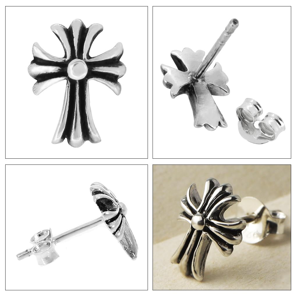 [Shinjuku Gin no Kura] Gothic Cross Stud Earring, 925 Sterling Silver, Single Earring, Men's, Simple, Lily Design