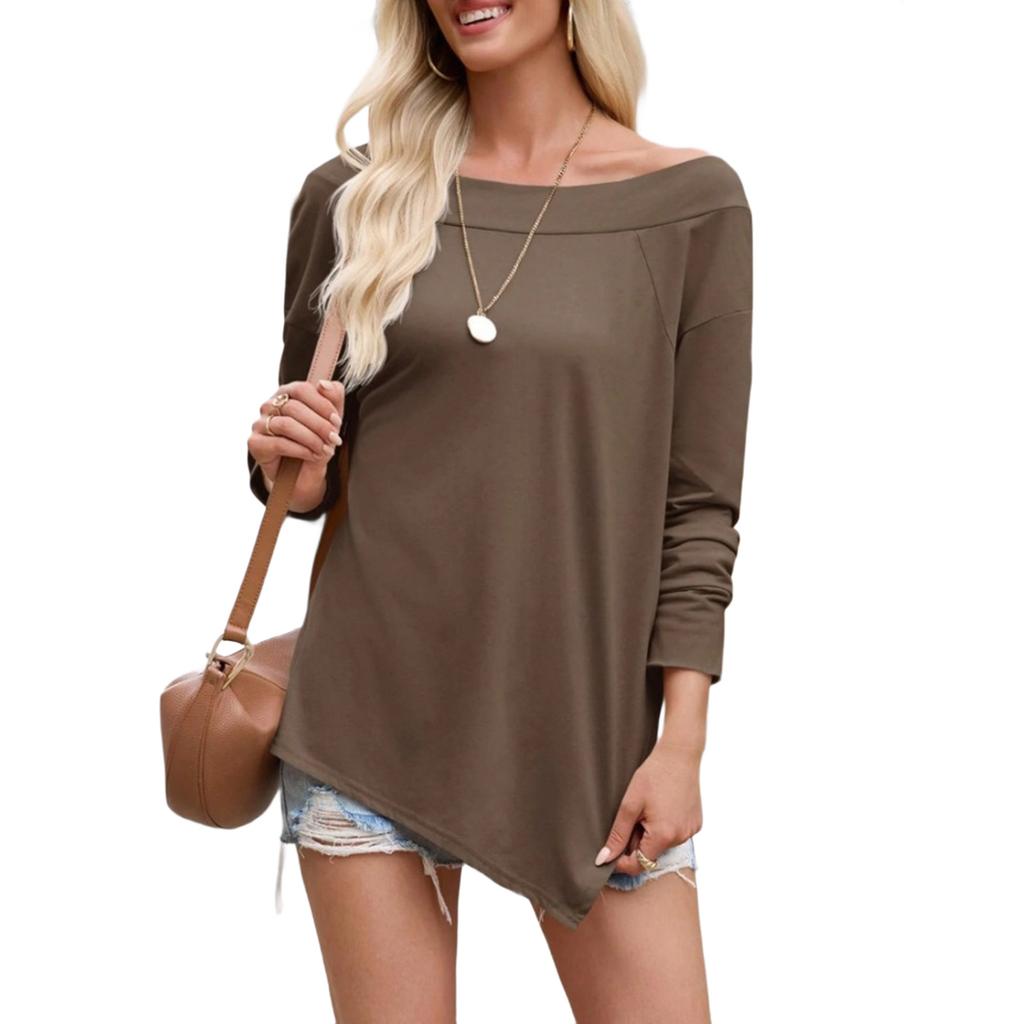 Women's Casual Off-Shoulder Long Sleeve T-Shirt with Slit Hem, Loose Fit