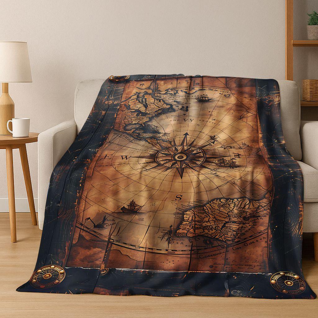 Retro Nautische Karte Kompass Schatzkarte Flanell Decke, Gemütliche Weiche Überwurfdecke für Zuhause Schlafzimmer Bett Sofa Abdeckung Geschenk Kinder
