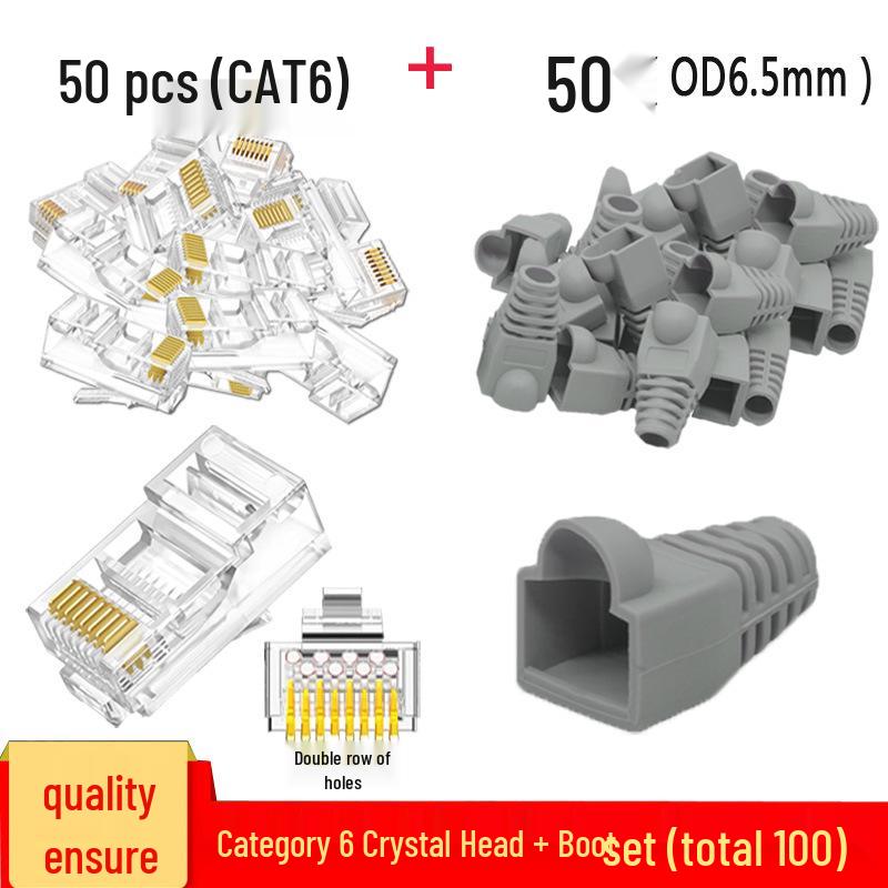 RJ45 Boot 50-Piece Set: Gold-Plated CAT6 Crystal Head & Network Cable Rubber Boots - 100 Pieces Total