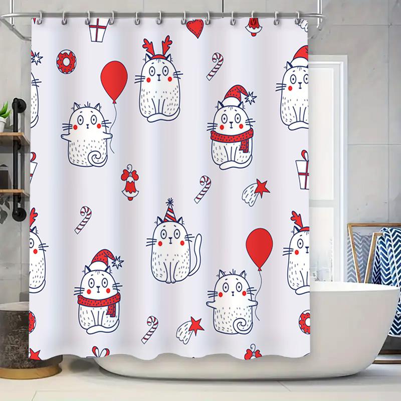 

Christmas-Themed Shower Curtain Featuring Cartoon Cats With Candy Canes And Balloons Perfect For Bathroom Decor During Holiday S W60H190(CM)-1 Pcs